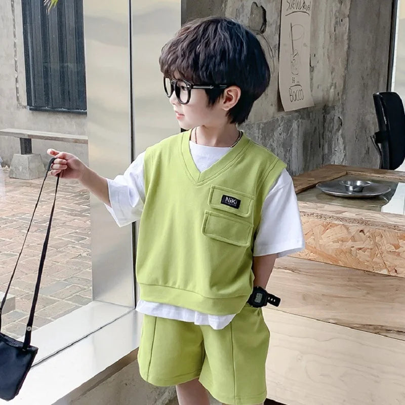 Summer Baby and Boys Cotton Contrast Patchwork t-Shirt Tops+Shorts Pant Sets School Kids Tracksuit Child 2PCS Outfit 1-10 Years