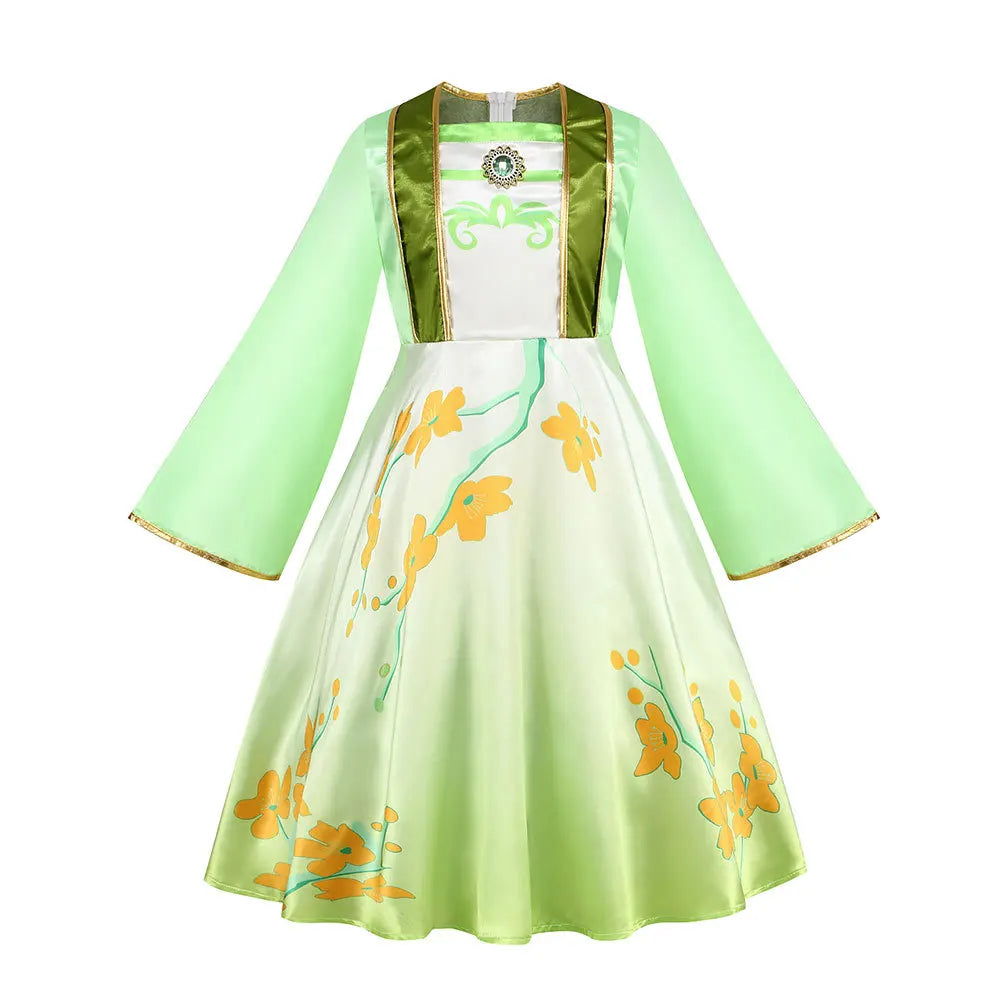 Mulan Cosplay Costume Girl Chinese-style Long-sleeved Hanfu with Hair Accessories Necklace Halloween Girl Hero Costume
