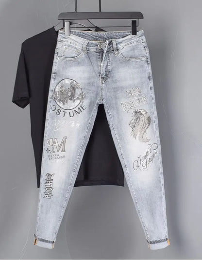 New Slim Fit Casual Jeans with Heavy Duty Ironing Drills Prints Branded Korean Style Clothes for Men Streetwear Washed Jeans