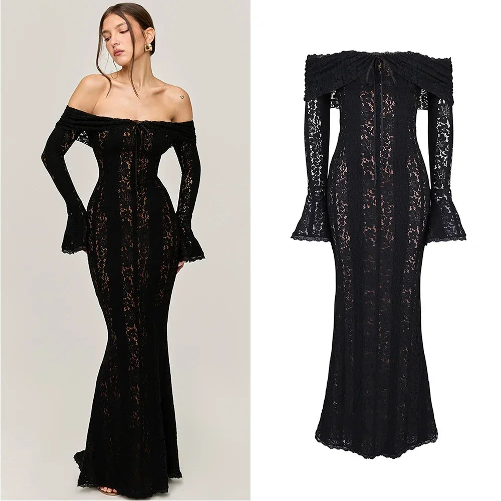 Elegant Off The Shoulder Bodycon Dress 2024 New in White Flare Sleeve Lace Maxi Dress Wedding Guest Dress for Women