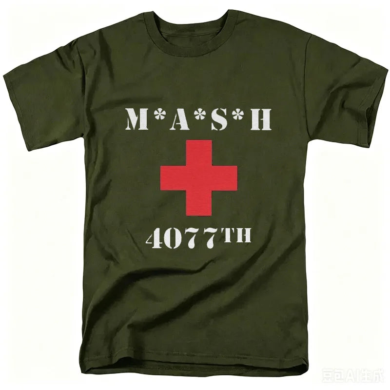 Mash Distressed Logo T Shirt Mens 4077 Licensed Classic TV Show Militarryy Green2026 High quality Brand Casual