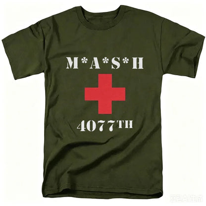 Mash Distressed Logo T Shirt Mens 4077 Licensed Classic TV Show Militarryy Green2026 High quality Brand Casual