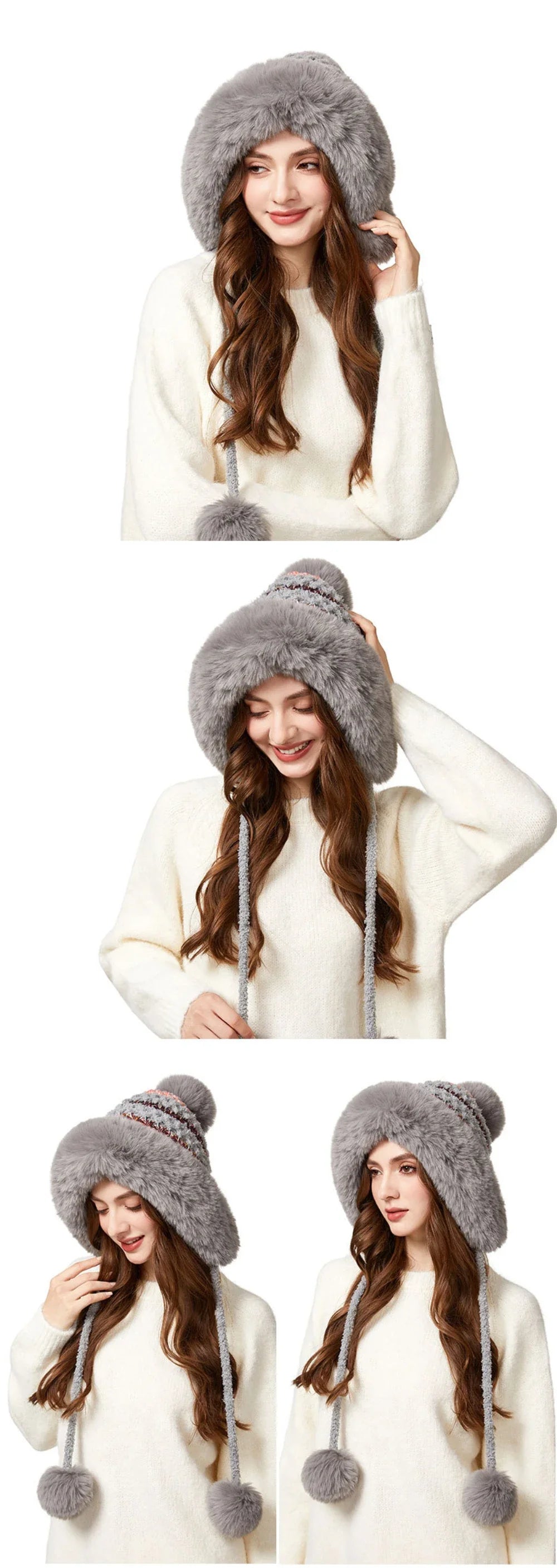 Three Pompoms Skullies Beanies Thick Warm Winter Hat Women Russian Fur Hat Ladies Knitted Hat Female Snow Ski Earflap Cap