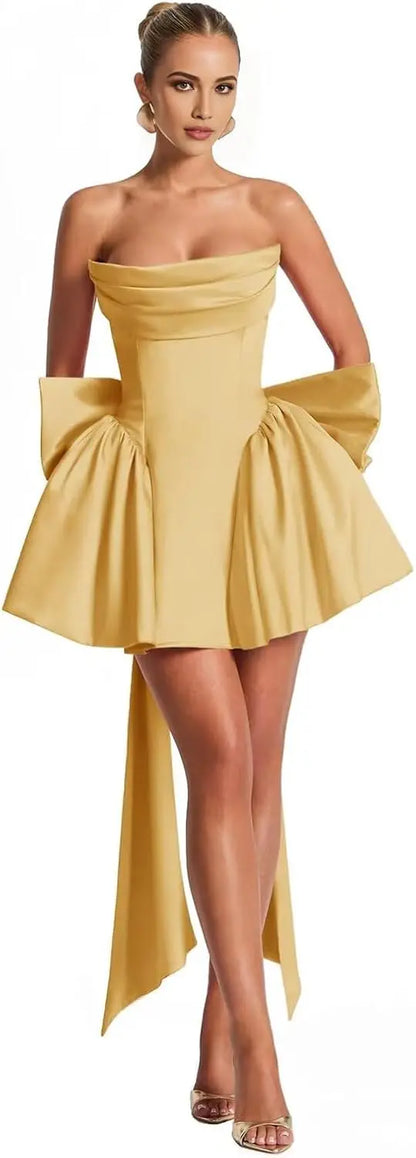 2025 Satin Strapless Back To School Dress with A Large Bow At The Back, Mini Skirt for Teenagers Cocktail Dress Short DanceDress