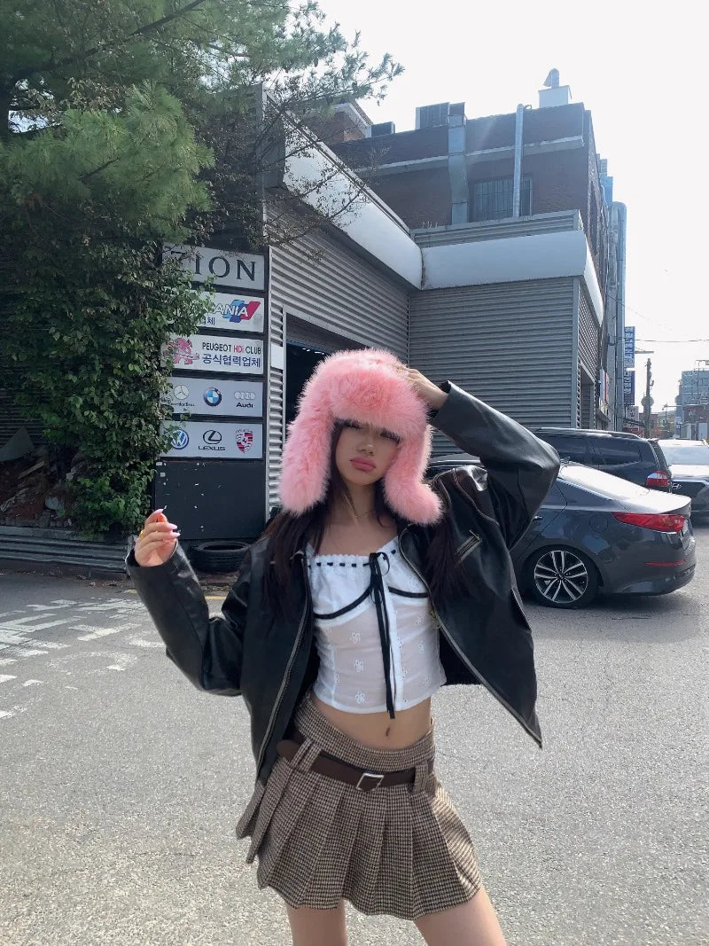 Korean Ins Imitation Mink Plush Hat Winter Women Ear Protection Bomber Hats Fashion Warm Fluffy Faux Fur Ski Beanies Y2k Gift