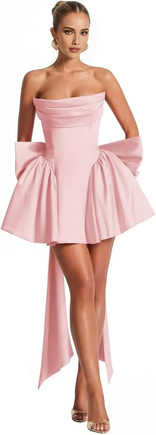 2025 Satin Strapless Back To School Dress with A Large Bow At The Back, Mini Skirt for Teenagers Cocktail Dress Short DanceDress