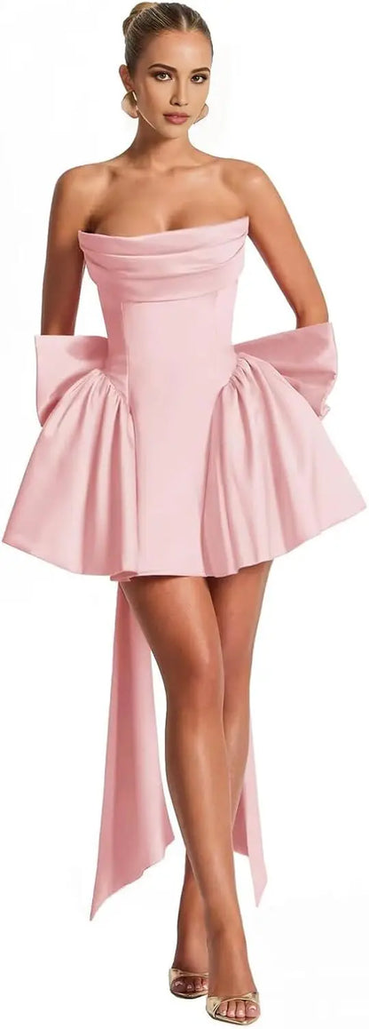 2025 Satin Strapless Back To School Dress with A Large Bow At The Back, Mini Skirt for Teenagers Cocktail Dress Short DanceDress