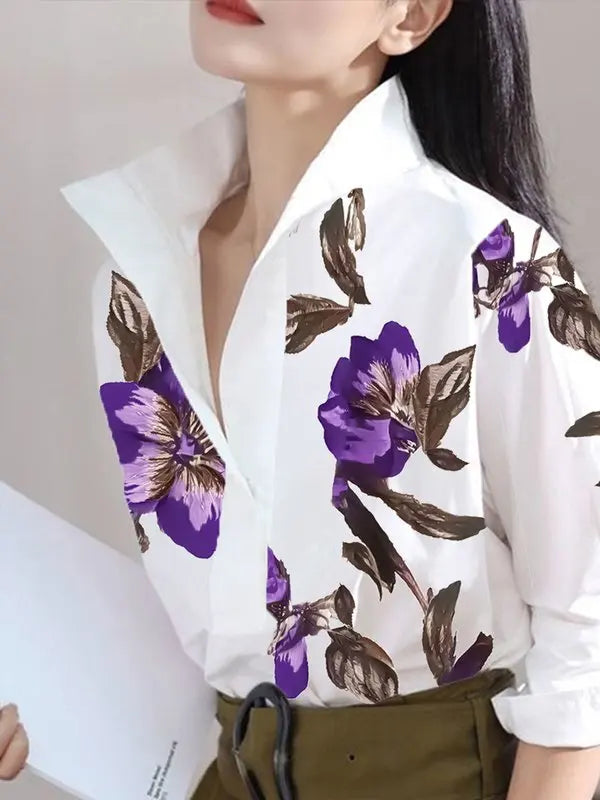 Modigirl 2025 Summer Spring Casual White Shirts for Women Long Sleeves Urban Elegant Stand Collar Woman Flower Print Blouse Tops