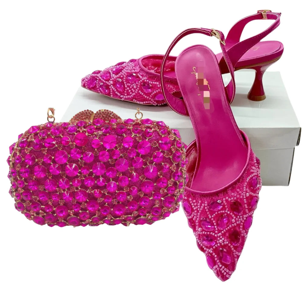 Women's Clutch Bag and Shoes Fairy Diamond High Heels Stylish Dress Shoes Pointed Toe Stiletto Heels Elegant Party Wedding Shoes