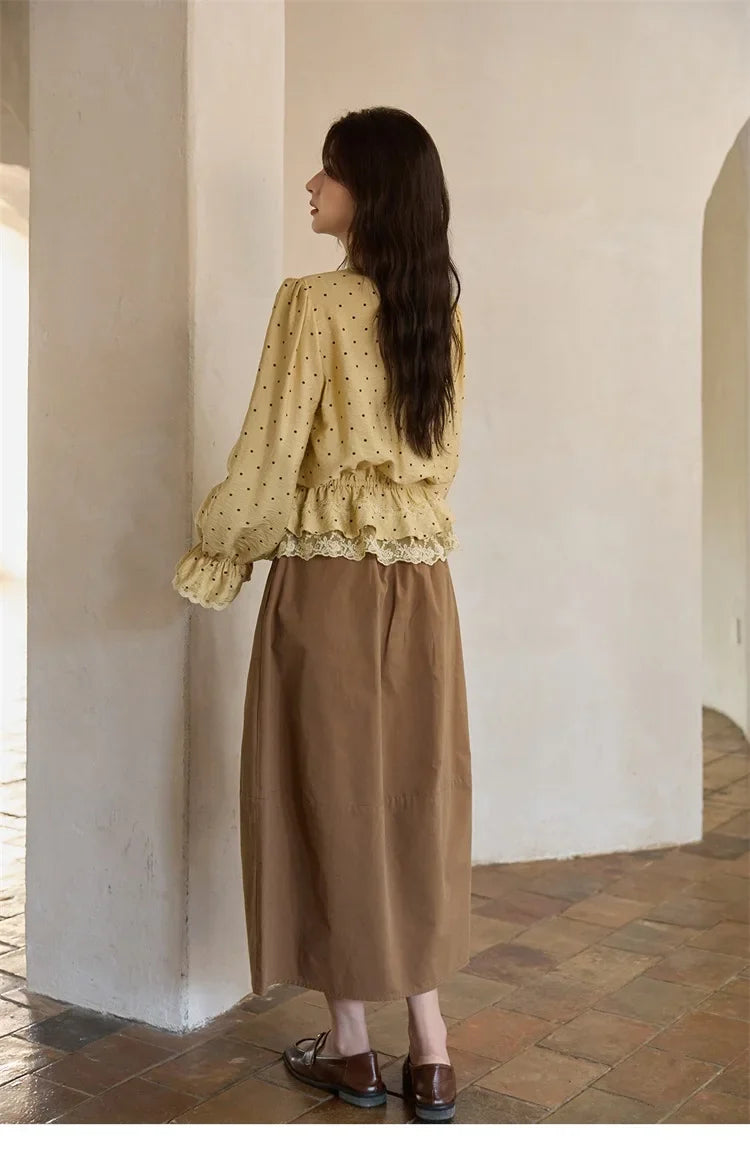 Autumn Yellow Polka Dot Linen Blouse 2025 Autumn Lace V-neck Commuter Top Flare Sleeve Elastic Waist Shirts MXE42X1975