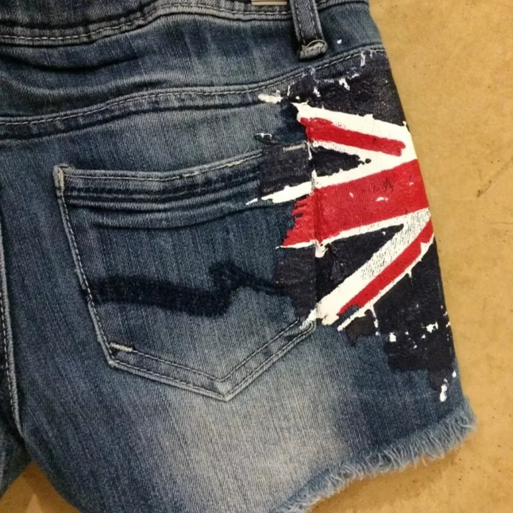 American Y2K Retro Graffiti British Flag Short Jeans Harajuku Women's Washed Denim Shorts Tight Low Waist Shorts