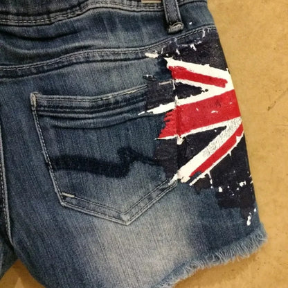 American Y2K Retro Graffiti British Flag Short Jeans Harajuku Women's Washed Denim Shorts Tight Low Waist Shorts