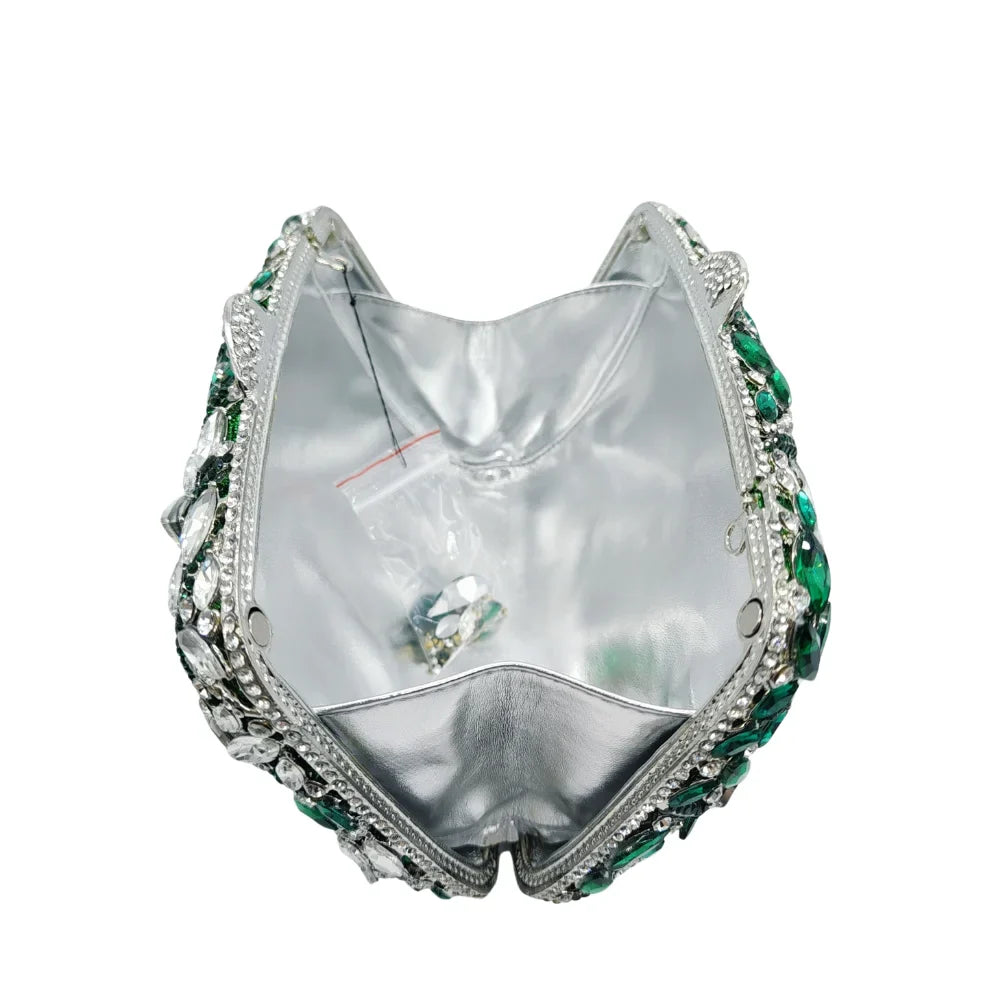 Exquisite New Wallet Luxury Handmade Clutch Women's Crystal Purse Green Silver Diamond Evening Bag