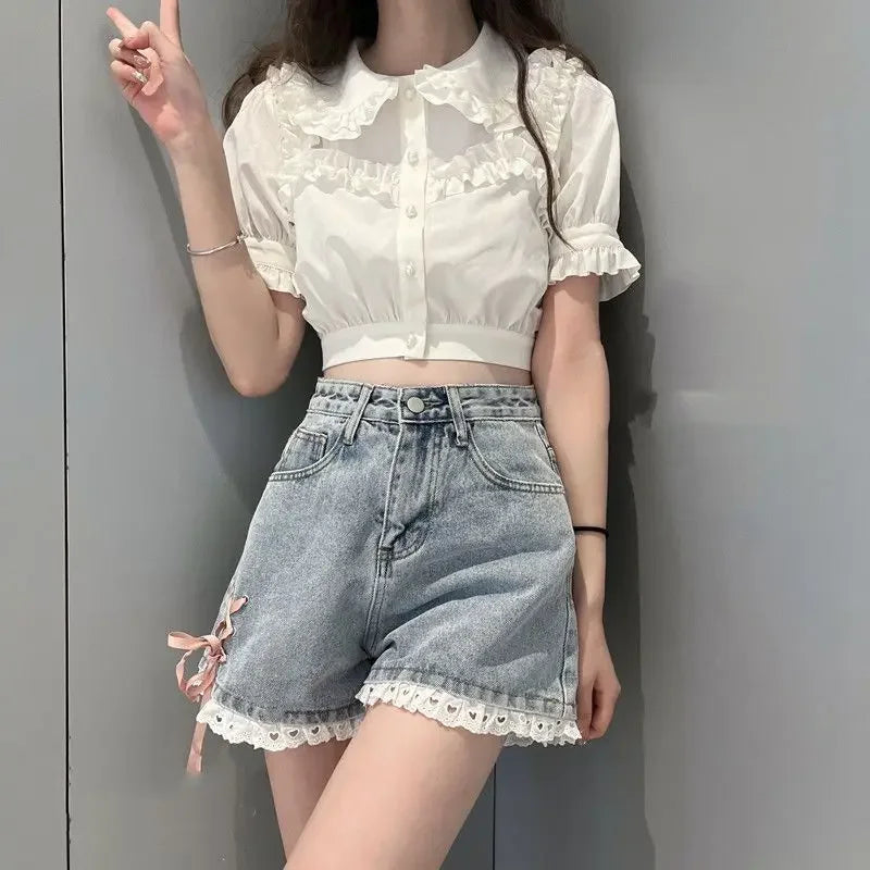 Aesthetic Design Short Jean Pants Woman Wide Lace Denim Shorts for Women Korean Style Hot Summer Low Price XL Outfits Wholesale