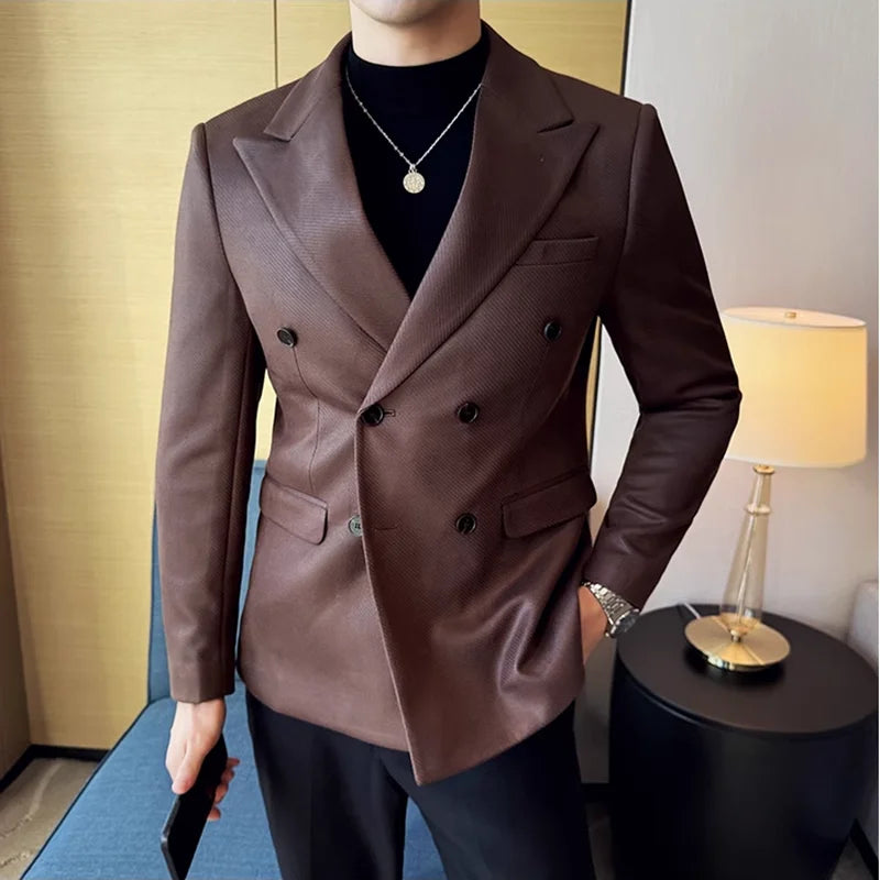 High Quality Men Double Breasted Blazer Suede Gilded Twill Slim Fit Business Social Formal Suit Jacket Tailcoats Men Clothes