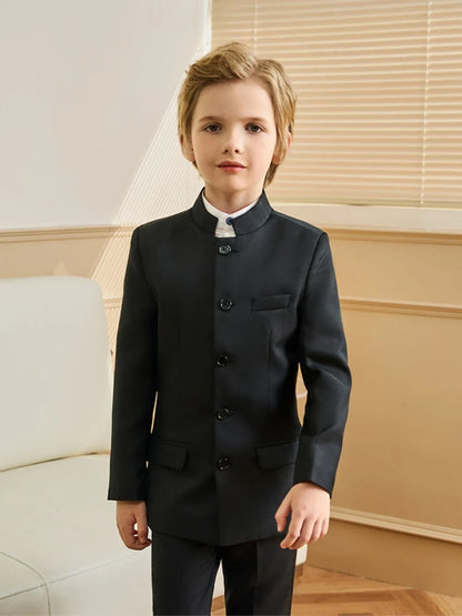 Formal Black Kids Stand-up Collar Suit Set 3 Pieces Jacket Shirt Pants School Choir Performance Stylish Boys Tuxedo Banquet Wear