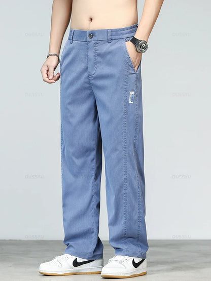 Summer Ultrathin High Quality Soft Lyocell Fabric Men's Jeans Loose Straight Denim Pants Design Casual Trousers Plus Size M-5XL