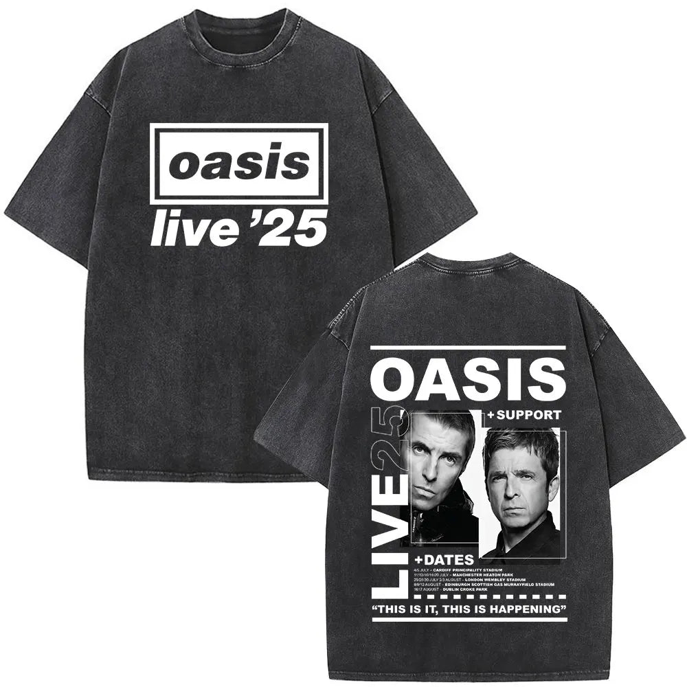 O-Oasis T-Shirts British Rock Band Vintage Washed T-shirt Men Women Clothing Cotton Casual Short Sleeve T Shirts Tops Streetwear