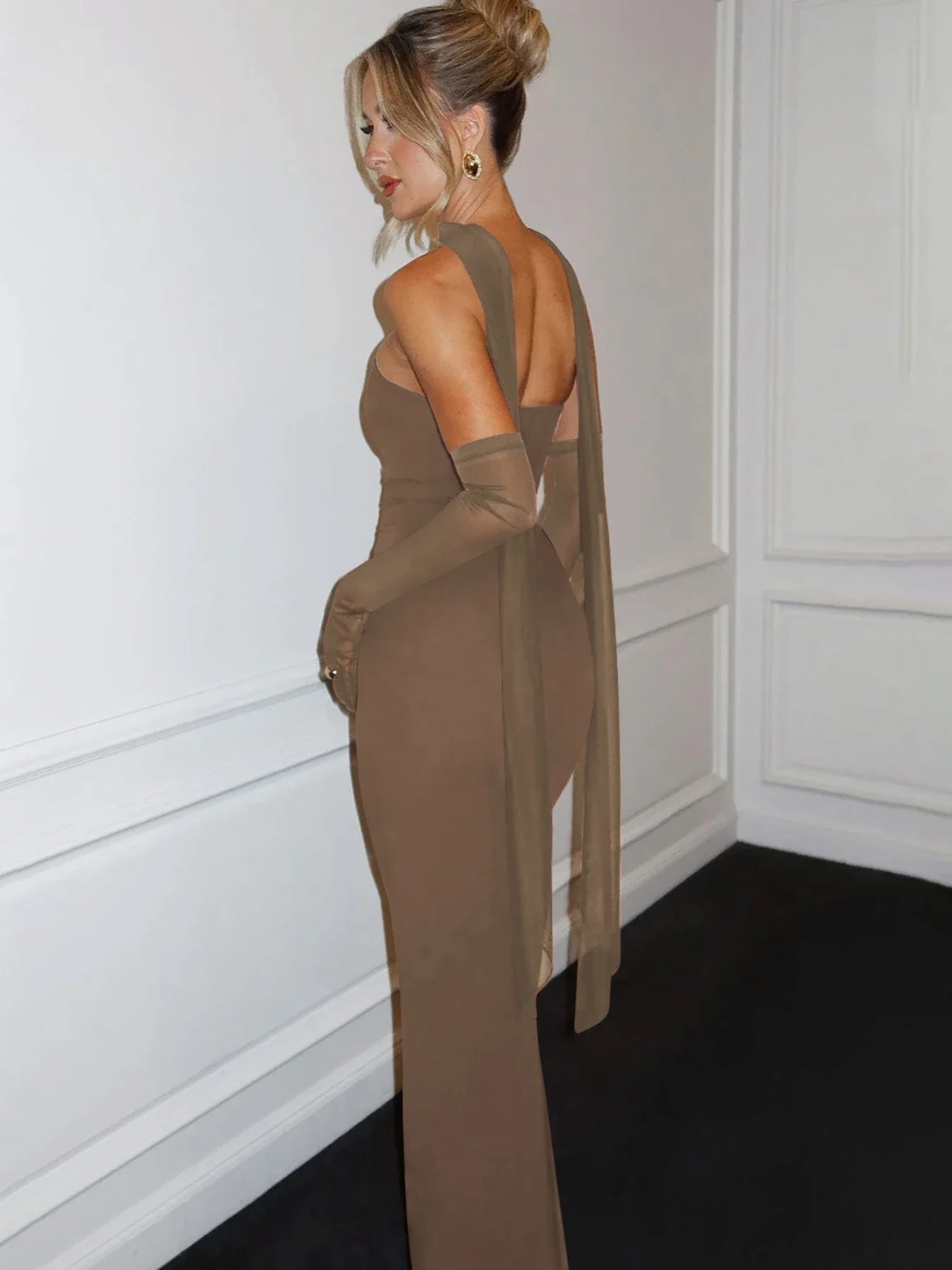 Elegant Scarf Strapless Solid Mesh Gloves Sexy Bodycon Maxi Prom Dress Women Fashion Y2K Outfits Wedding Party Birthday