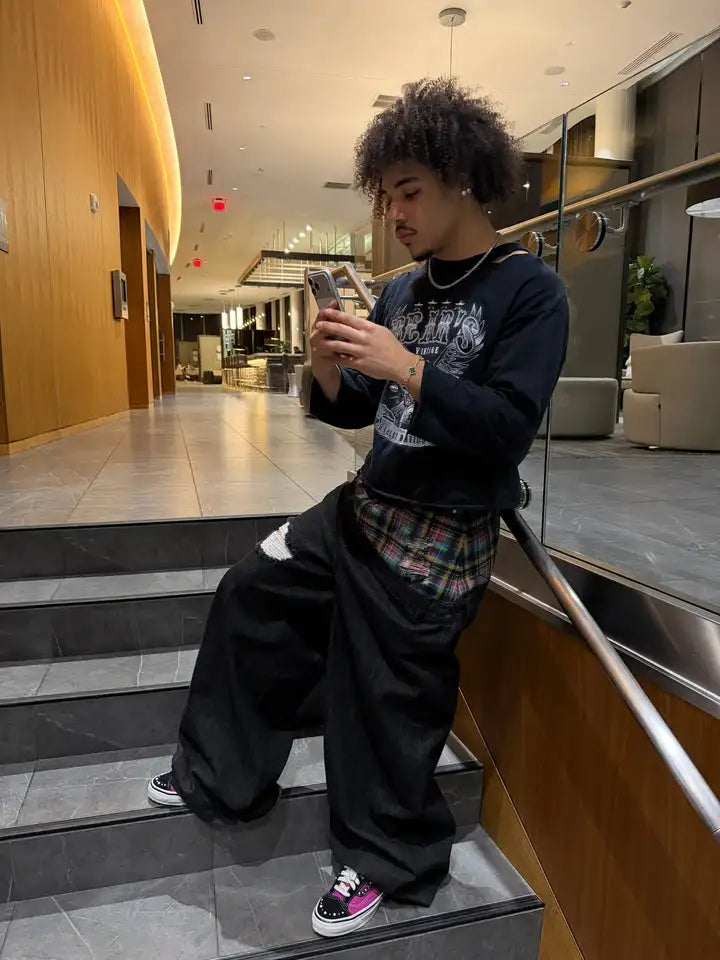 Y2k Slanted Runway Baggy Jeans Retro Plaid Patchwork Men Women Wide Leg Pants American Hip Hop Streetwear Unisex Casual Jeans