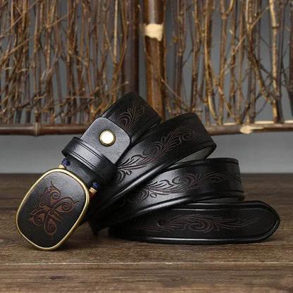 3.5CM Pure Cowhide High Quality Genuine Leather Belts for Men Laser Engraving Strap Male Smooth Buckle Jeans Cowboy Luxury