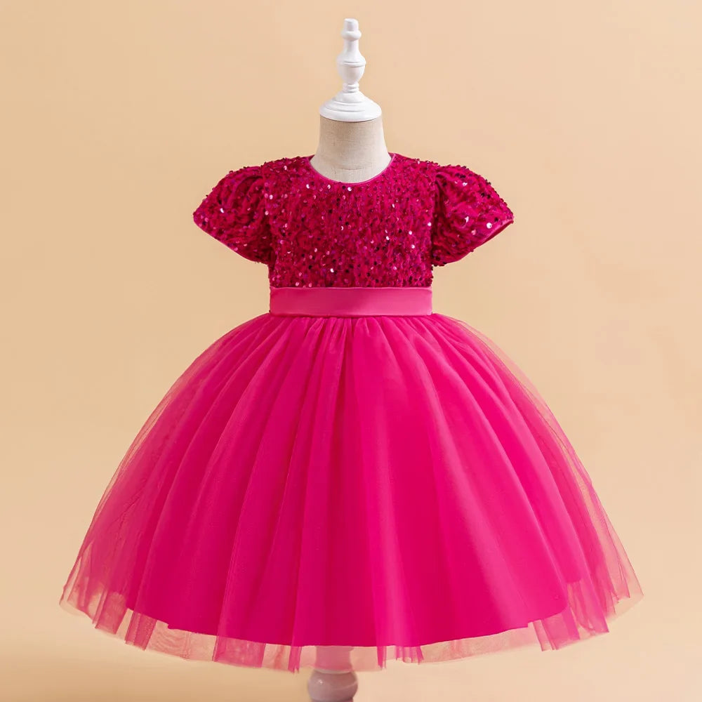 Summer Sequins Bow Party Dress For Girl Christmas Costume Elegant Wedding Princess Girls Dresses Lace Birthday Prom Gown Evening