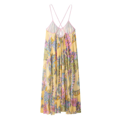 Sexy Floral Print Chiffon Print Loose Dress Women Cami Loose Beach Dress Fashion 2025 Summer Backless Female Dress