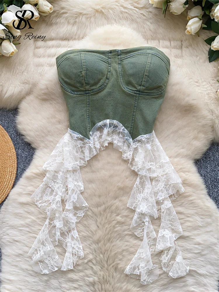 Lace Splice Denim Tops Female Strapless Sleeveless Elastic Slim Fit Camsiole Summer Streetwear Irregular Tank Tops
