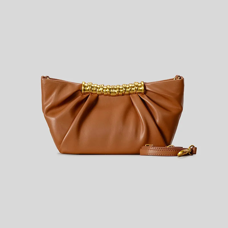Elegant Ruched Hobos Clucth Bag Luxury Designer Metal Handle Women Handbags Soft Pu Leather Shoulder Crossbody Bags Party Purses