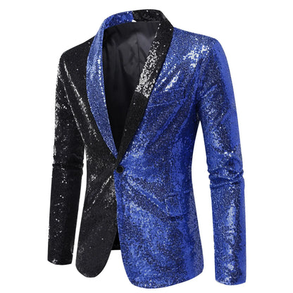 2026 Men's Suit Jacket, Shiny Sequin Stage Performance Coat, White Silver Blue Red Purple Blazers V-neck Single Button S-XXL