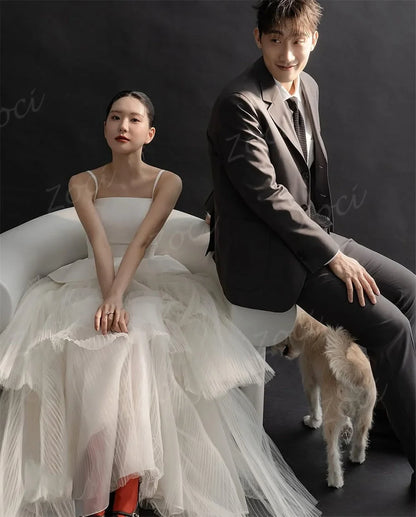 Customized Korea A Line Wedding Dresses Tiered Tulle Lace Up Bride Formal Party Wedding Photography Long Bridal Gown Women