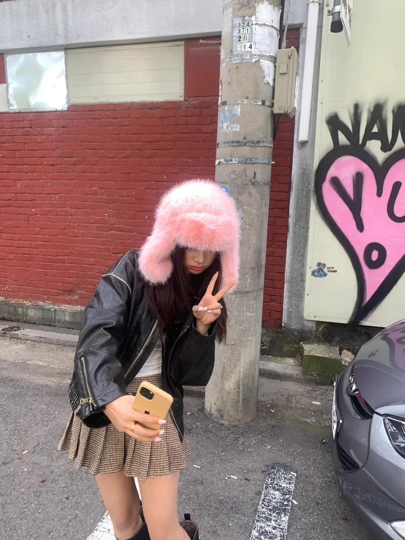 Korean Ins Imitation Mink Plush Hat Winter Women Ear Protection Bomber Hats Fashion Warm Fluffy Faux Fur Ski Beanies Y2k Gift
