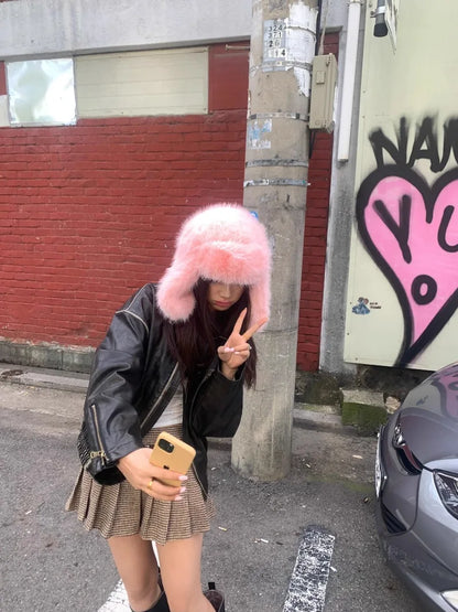 Korean Ins Imitation Mink Plush Hat Winter Women Ear Protection Bomber Hats Fashion Warm Fluffy Faux Fur Ski Beanies Y2k Gift