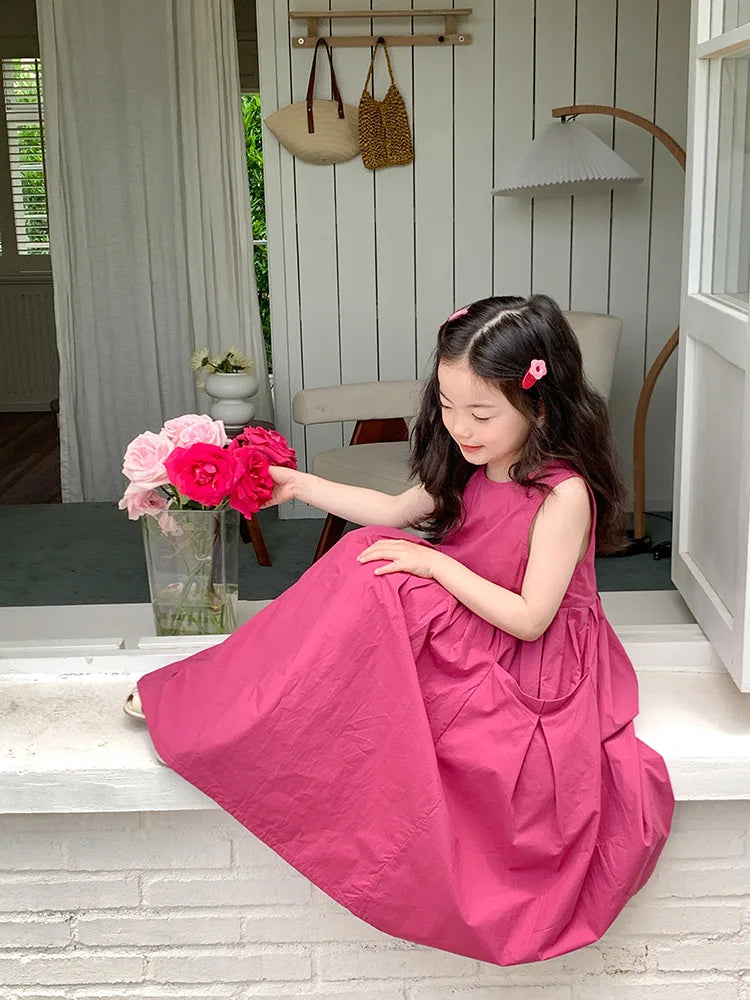 2026 New Summer Children Girls Sleeveless Dress Teen Solid Color Cotton Loose Casual Sundress Kids Vacation Style Princess Dress
