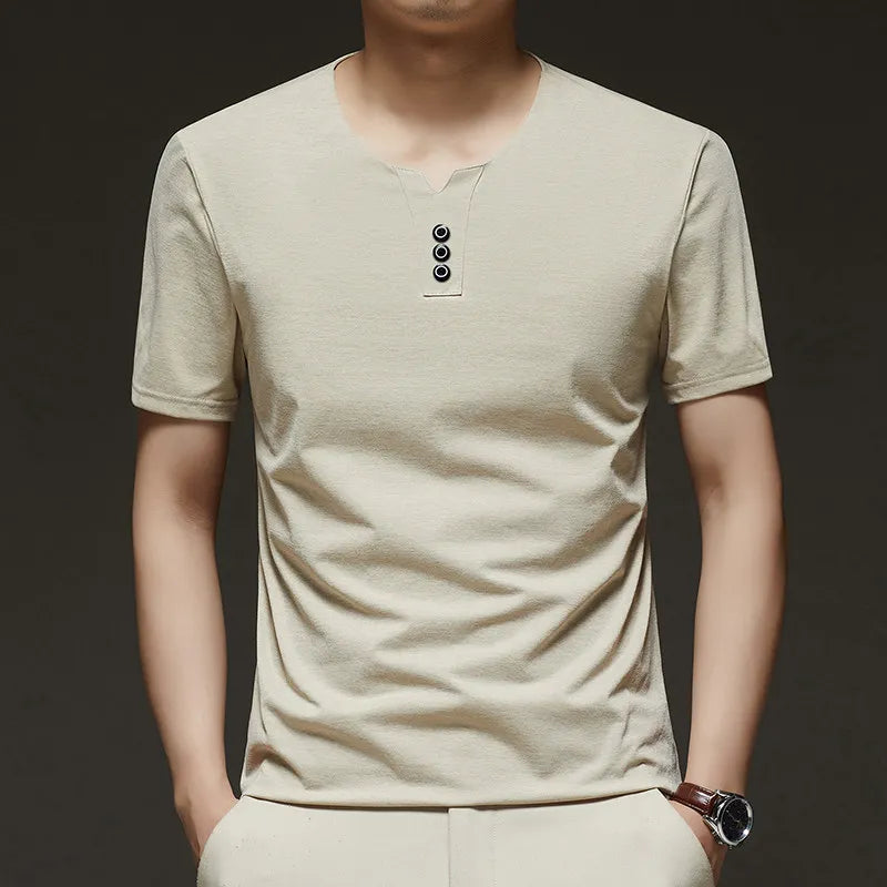 2026 New Men's Business Casual Three Button V-neck Short Sleeved T-shirt Korean Style Summer Comfortable Versatile Top