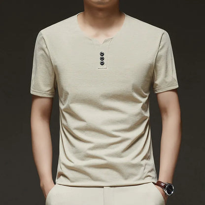 2026 New Men's Business Casual Three Button V-neck Short Sleeved T-shirt Korean Style Summer Comfortable Versatile Top