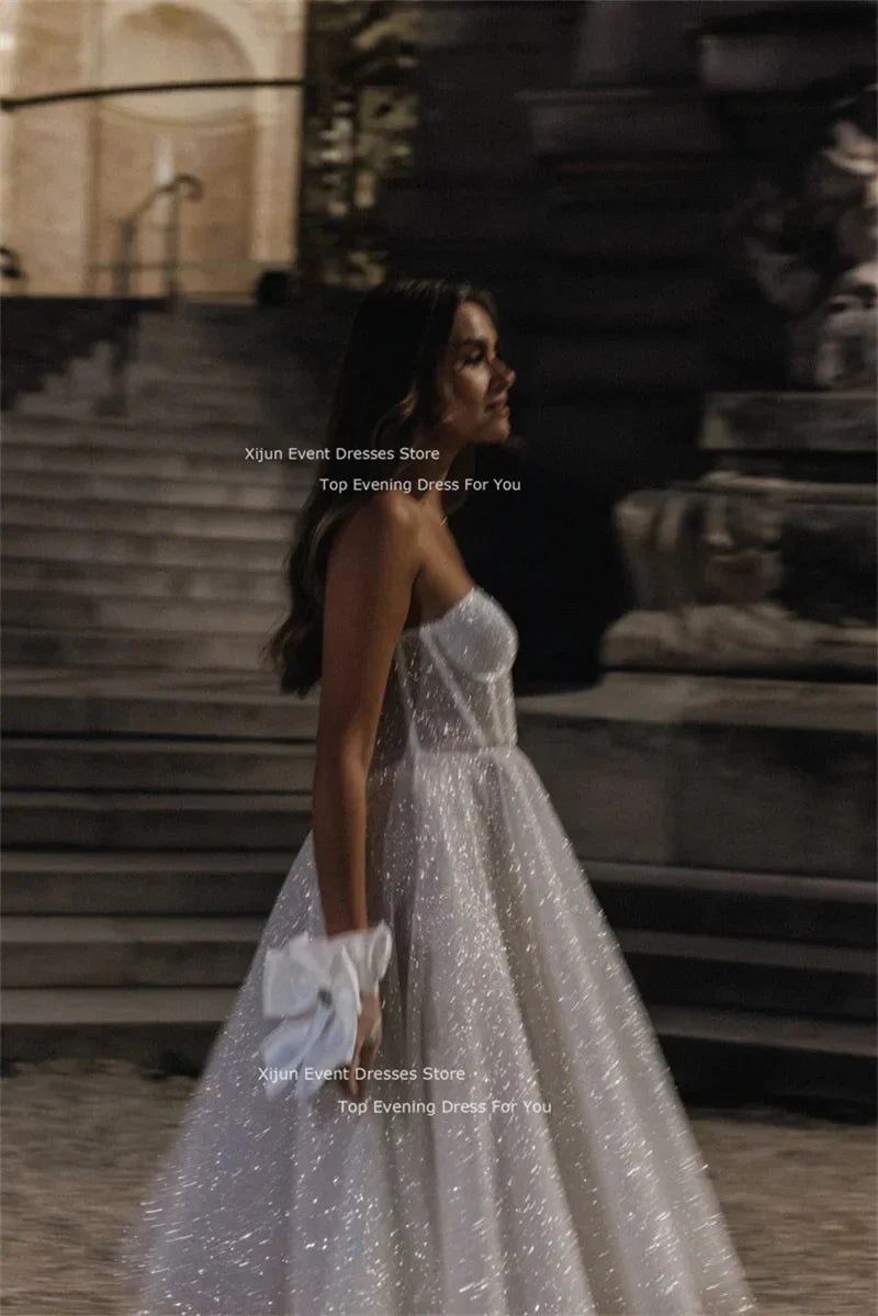 Glitter Long Wedding Dresses Sweetheart Sleeveless Prom Dresses Tulle Bridal Gowns Bride Robes Vestidos De Novia Evening