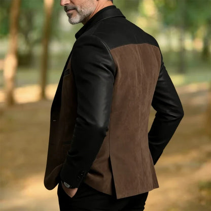 Retro Men's Faux Suede Jacket with PU Leather Collar & Shoulder 2 Buttons Two-Tone Blazer Contrast Trim Coat