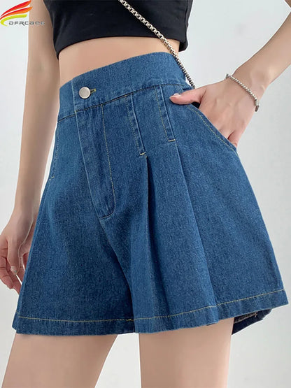 2024 Summer Plus Size Denim Shorts For Women High Elastic Waist Blue Or Sky Blue Pleated Mini Large Size Short Femme