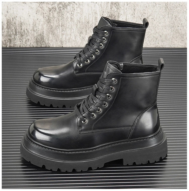 Men's Hidden Heel Motorcycle Boots - Goth Punk Ankle Boots with Thick Sole for Height Increase | Elevator Shoes