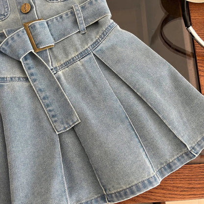 Summer New Girls Denim Dress Belt Decoration Lapel Collar Sleeveless Tutu Princess Dress For 2 -10 Years Kids Fashion Dress