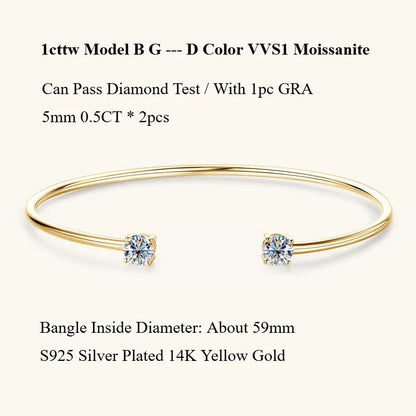 Four Prong Moissanite Cuff Bangle 5mm 0.5CT Round Cut D Color 925 Silver Open Hand Chain Bracelet For Women Girl Lady Gift