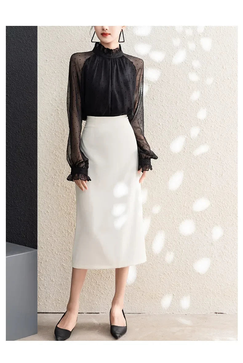 Spring Summer Black Polka Dots Mesh Women's Chiffon Blouses 2025 New Long Sleeve Stand Collar Vintage Loose Shirts Female