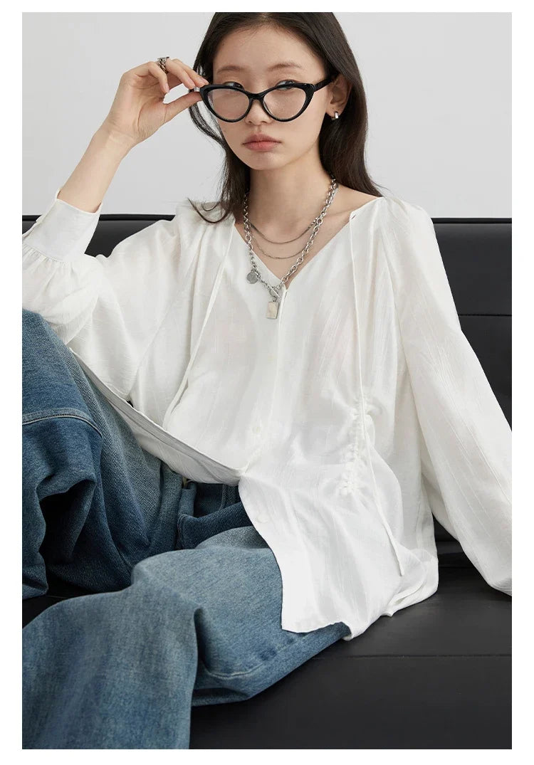 Women Loose Lace Up Shirt Solid New Korean V-neck Pleated Raglan Long Sleeved Blouses Female Tops Spring Summer 2026