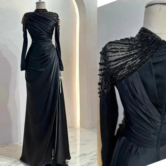 Customized Exquisite High Collar Sheath Evening Dresses Beading Fold s Vertically Hugging Floor length Prom  فساتين سهره فاخره