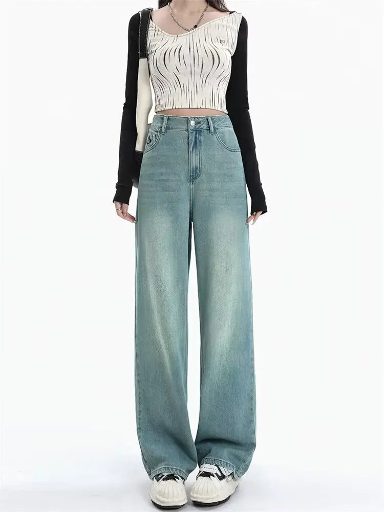 Women Comfortable Thin Denim Pants New Female Vintage Mid Waisted Jeans Pants Girls Smile Edition Straight Leg Jeans Trousers