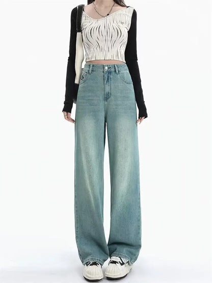Women Comfortable Thin Denim Pants New Female Vintage Mid Waisted Jeans Pants Girls Smile Edition Straight Leg Jeans Trousers