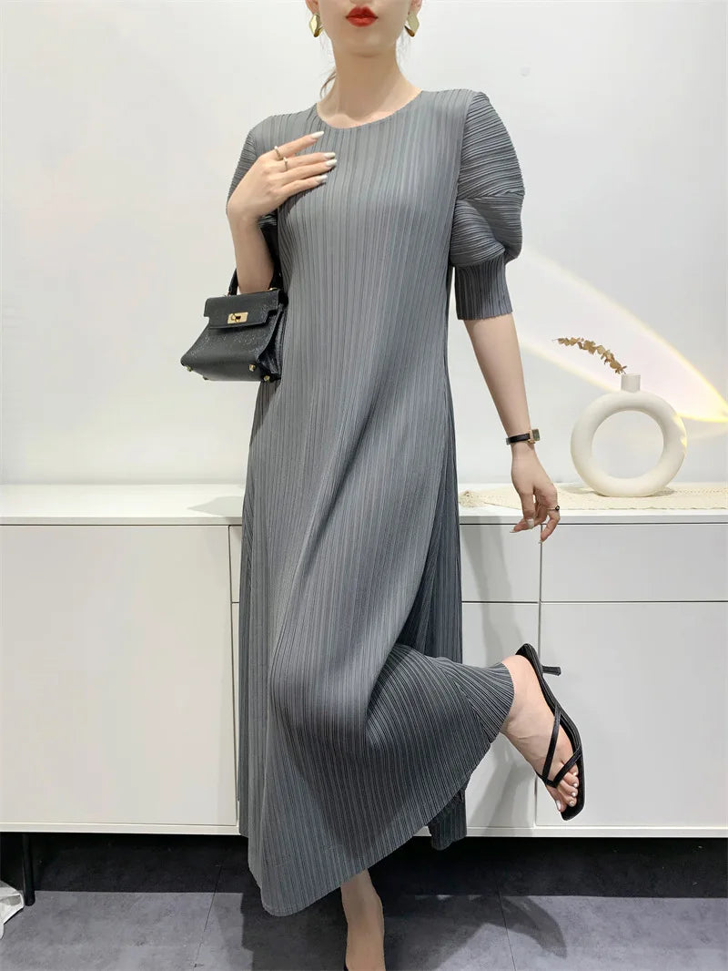 Miyake Pleated Dress 2024 Summer New Round Neck Loose and Comfortable A-line Short Sleeve Maix Dress