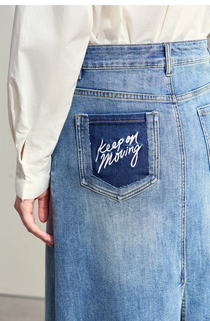 Minimalism 2024 Summer New Casual Denim Style Women Jeans Skirts Letters Embroidery Open Fork Female A-line Skirt 12442282