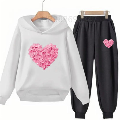 Heart-Shaped Children's Hoodies Suit Top+Bottom Girls Pink Boy Black Age 3-12 Coat Casual Toddler Long Sleeves Autumn Clothing